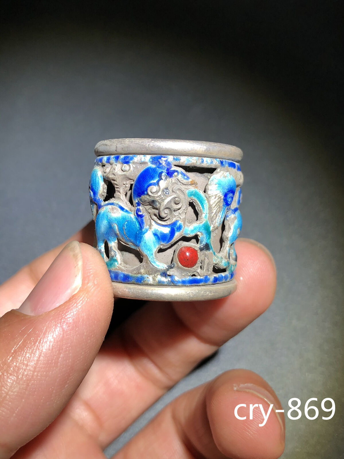 Chinese ancient Collection Sterling Silver blue Lion Hydrangea Fingerstall