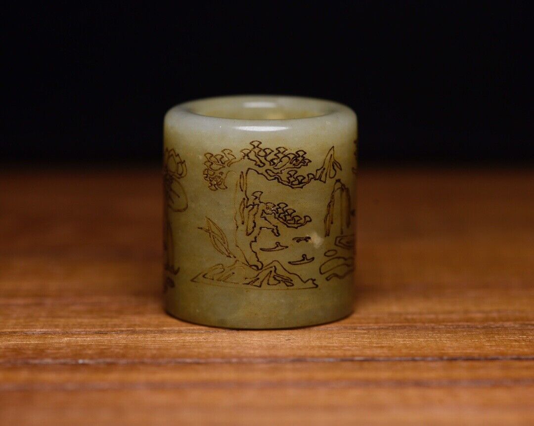 Chinese Natural Hetian Jade Stone Carved Exquisite Landscape Thumb Ring Art