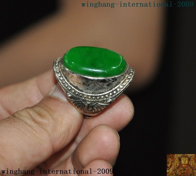 Old China Palace Dynasty Tibet Silver Inlay Green Jade Gem Butterfly Amulet Ring