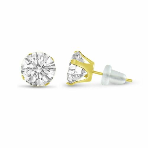 Round Genuine White Topaz Solid 10k Yellow Gold Stud Earrings - Choose Your Size
