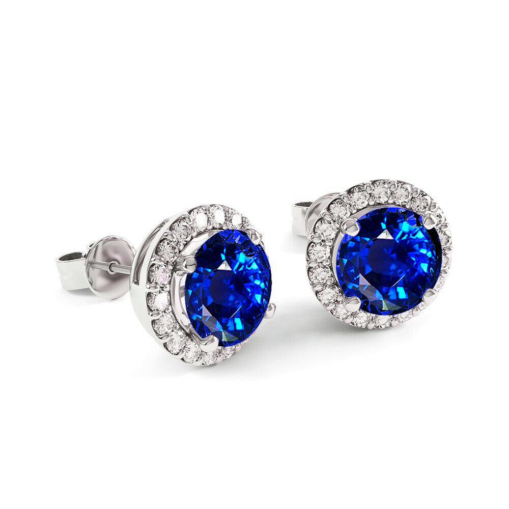 Natural Sapphire And White Topaz Halo Stud Earrings 925 Stamped Sterling Silver