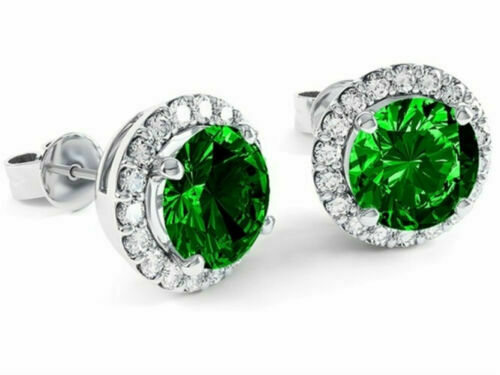 Natural Emerald And White Topaz Halo Stud Earrings 925 Stamped Sterling Silver