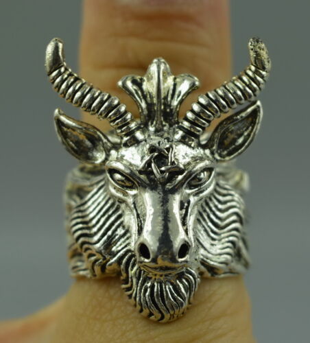 China Tibet Silver copper Carved Vivid Sheep Head Amulet Unique Ring Collectible