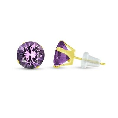 Round Genuine Purple Amethyst 10k Yellow Gold Stud Earrings - Choose Your Size