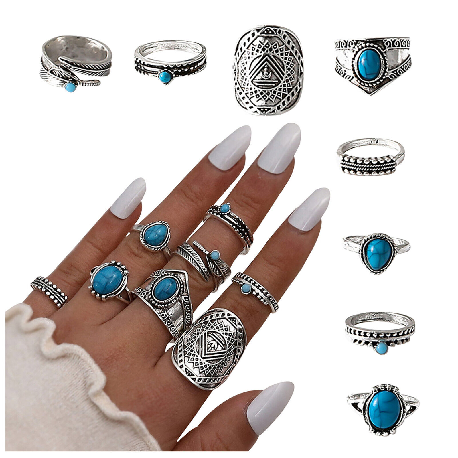 Fashion Boho Turquoise Leaf 8 Piece Rings For Women Great Men Jewelry Rings